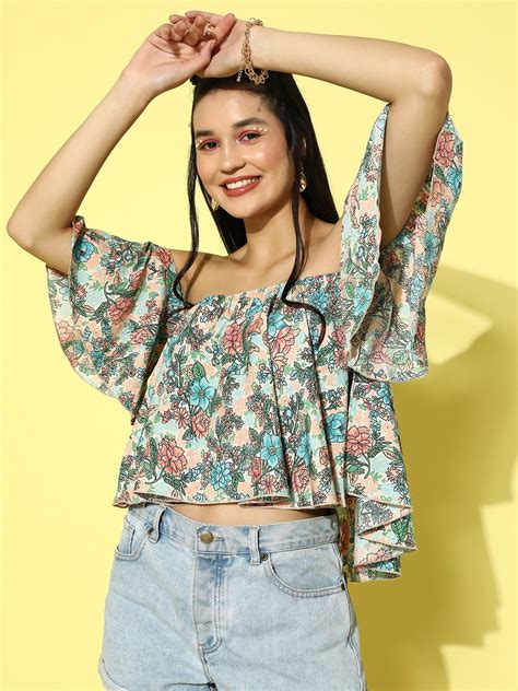 Women Off White And Multicolour Floral Printed Off Shoulder Neck Crepe