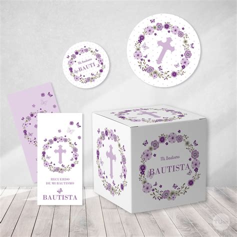 Kit Imprimible Bautismo Comuni N Flores Lilas Mariposas Tukit