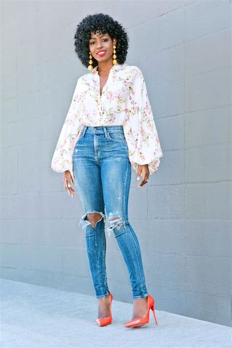 Floral Bishop Sleeve Top High Waist Distressed Jeans Stylepantry