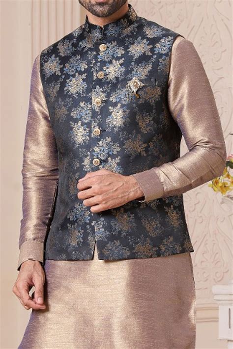 Buy Navy Blue Art Banarasi Silk Nehru Jacket NMK 5634 Online