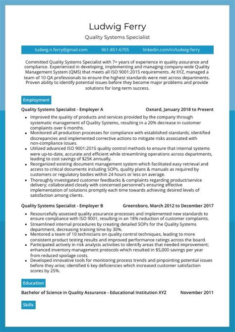 Quality Systems Specialist Resume CV Example And Writing Guide