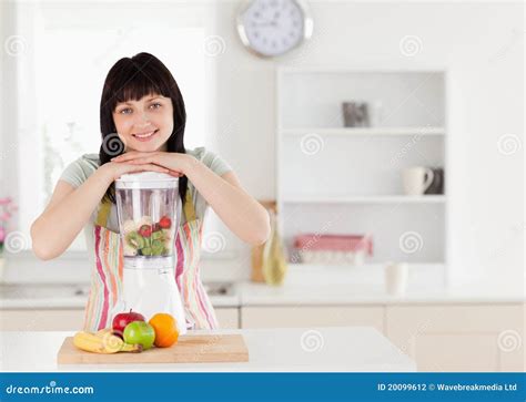 Attractive Brunette Woman Posing With A Mixer Stock Photo Image Of Banana Grey