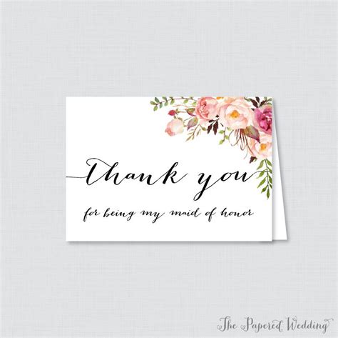 Printable Maid Of Honor Thank You Cards Pink Floral Thank Etsy