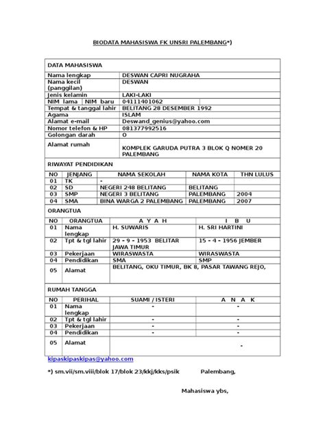 Formulir Biodata Mahasiswa Fk Unsri Palembang Pdf
