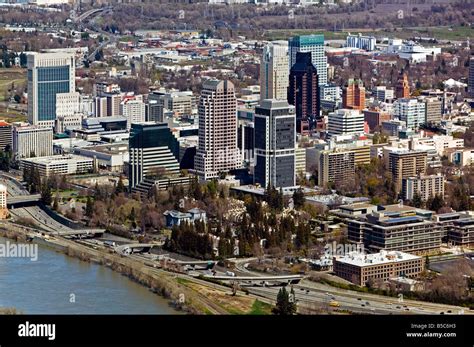 aerial view above Sacramento California skyline and skyscrapers Stock