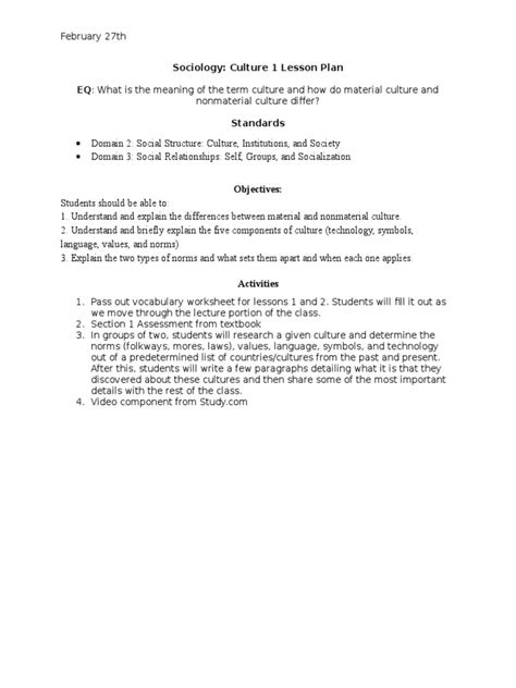 Culture 1 Lesson Plan Norm Social Lesson Plan