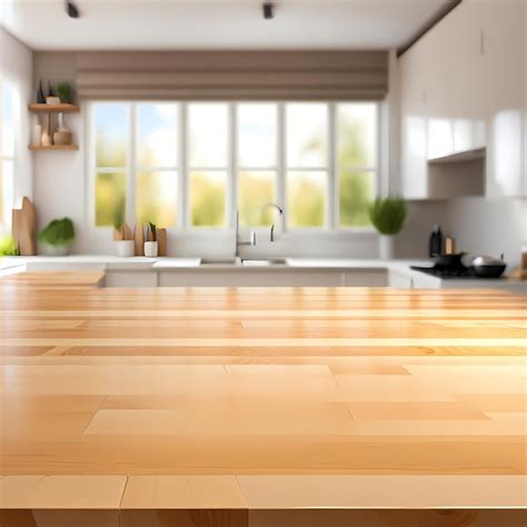 Premium Photo Maple Wood Table Top On Blurred Kitchen Background