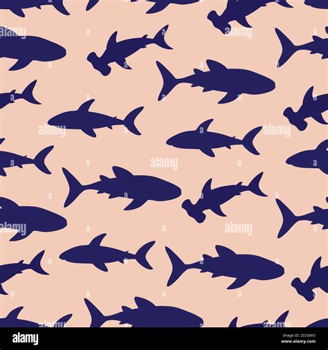 Seamless Pattern With Cute Sharks Silhouette Vector Illustration Stock