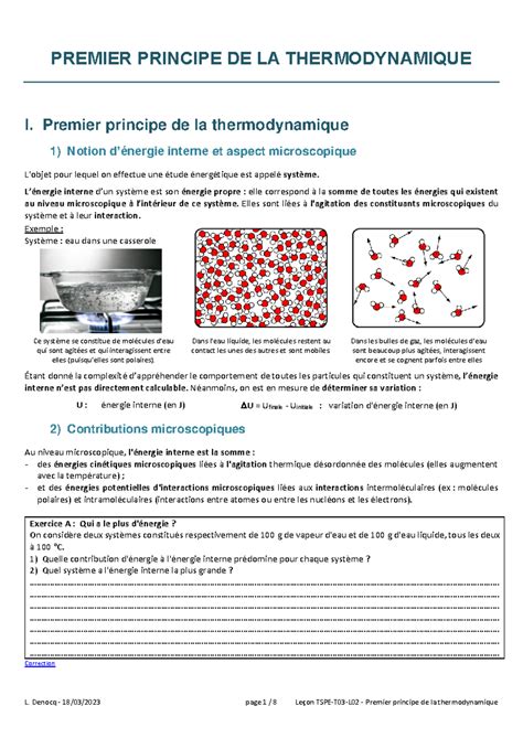 Le On Tspe T L Premier Principe De La Thermodynamique Premier