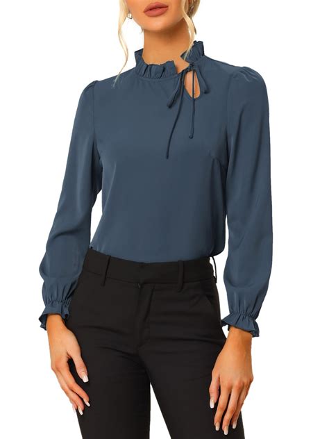 Allegra K Womens Elegant Ruffle Tie Neck Long Sleeve Work Blouse Top