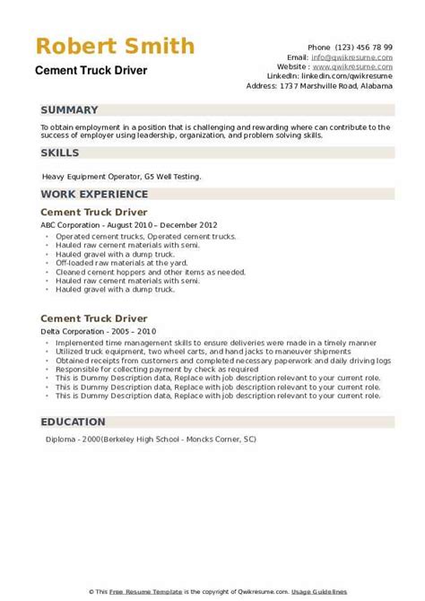 Cement Truck Driver Resume Samples | QwikResume