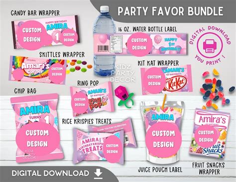 Pink And Purple Theme Custom Party Favor Bundle Printable Etsy