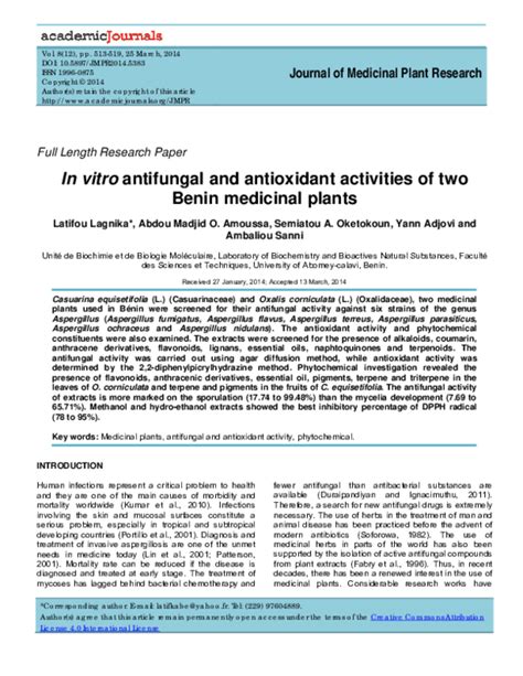 Pdf In Vitro Antifungal And Antioxidant Activities Of Two Benin