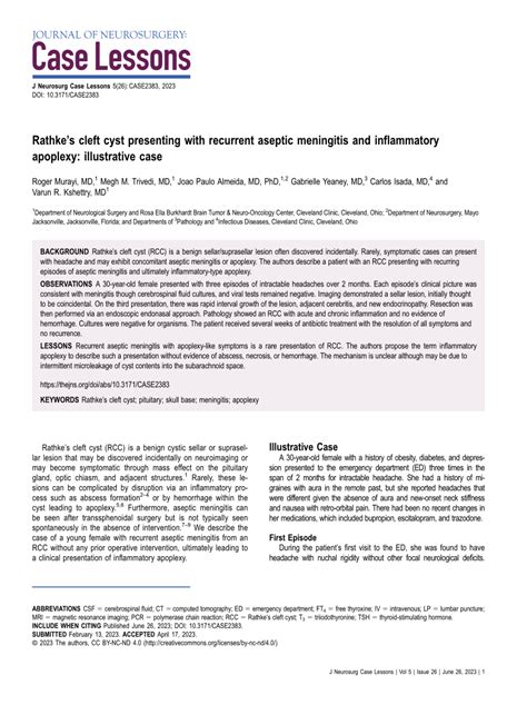 Pdf Rathkes Cleft Cyst Presenting With Recurrent Aseptic Meningitis And Inflammatory Apoplexy