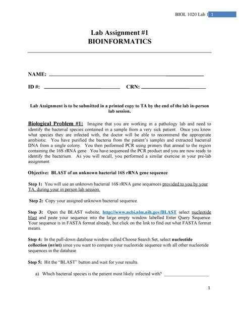 Lab 1 Bioinformatics Lab Assignment W2024 Biol 1020 Lab 1 Lab Assignment Bioinformatics Name