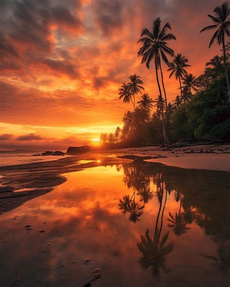 Premium Ai Image Arafed View Of A Beach With Palm Trees And A Sunset