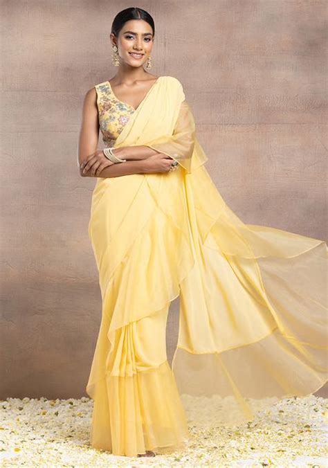 Buy Women Yellow Pre Stitched Saree Set With Floral Thread Hand