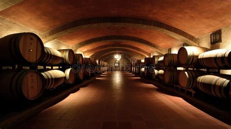 Winery Basement With Wooden Barrels And Racks Of Old Wine Bottles AI