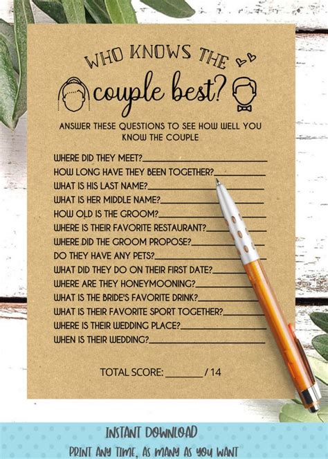 Who Knows The Couple Best Bridal Shower Game Printable Etsy