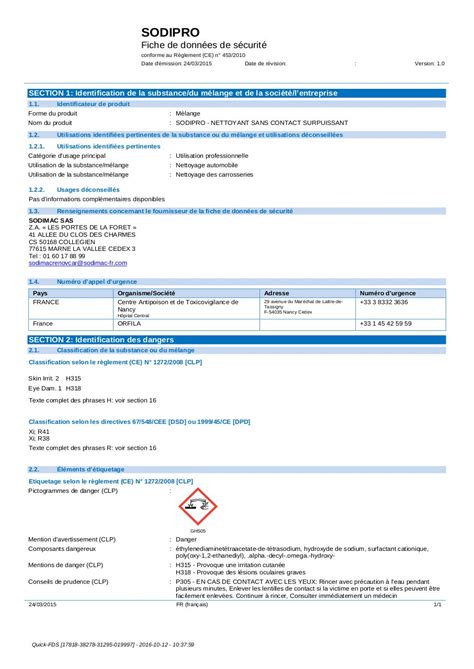 Fiche de Données Sécurité FDS SODIPRO par SODIMAC Fichier PDF