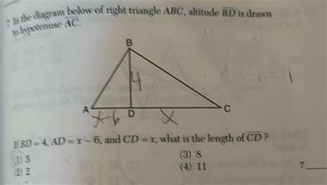 Solved In The Diagram Below Of Right Triangle Abc Altitude Overline