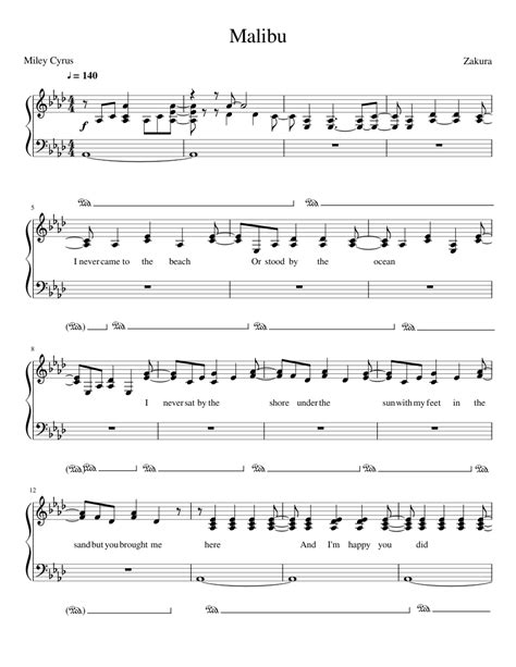 Miley Cyrus Malibu Sheet Music For Piano Solo Easy