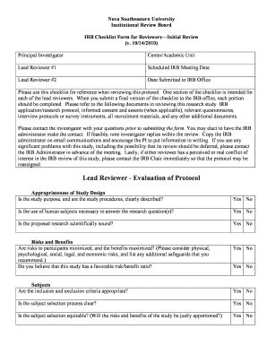 Fillable Online Nova IRB Checklist Form For Reviewers Initial Review