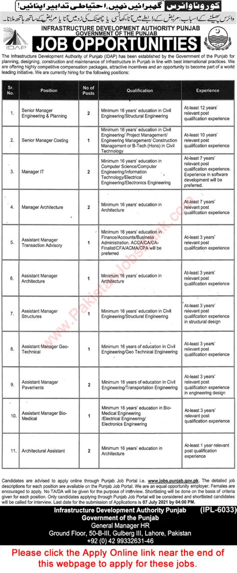 Infrastructure Development Authority Punjab Jobs June 2021 IDAP Apply