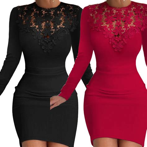 Womens Sexy Hollow Long Sleeve Bodycon Mini Dress Lady Party Cocktail