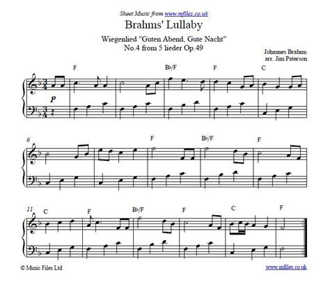 Johannes Brahms Lullaby Cradle Song Or Wiegenlied For Piano Solo