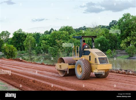 Roller Steamroller Or Vibratory Roller Machine Working On Road