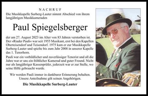 Trauer Speigelsberger Paul Nr Anzeigen Traunsteiner Tagblatt