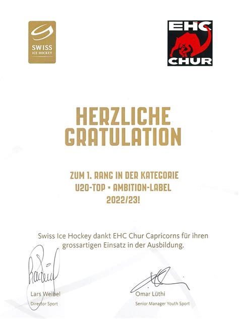 U20 Top 1 Rang In Der Kategorie Ambition Label EHC Chur