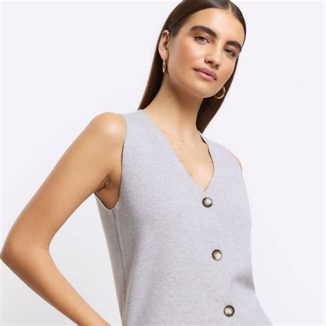 River Island Womens Waistcoat Grey Knitted Button Up