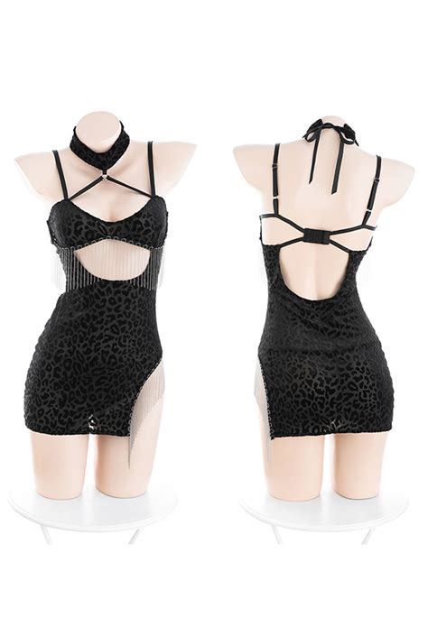 Sexy Lingerie Set Tassel Cutout Halter Bodycon Mini Dress With Thong