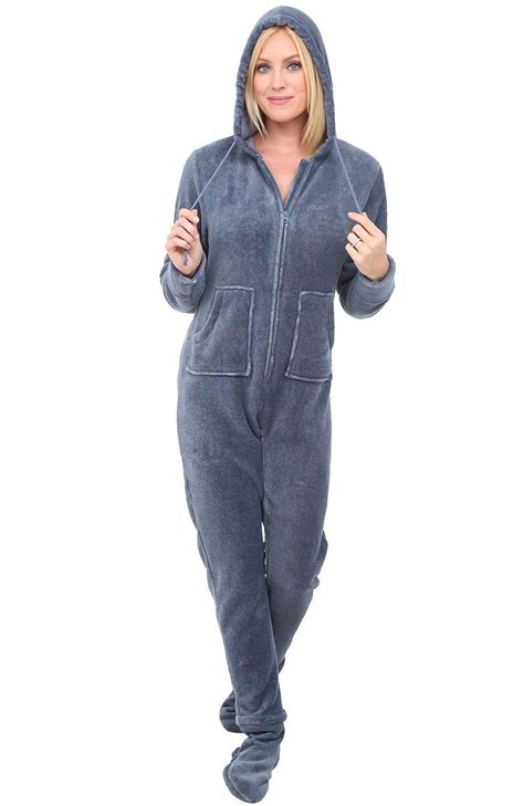 Womens Hooded Footed One Piece Fleece Pajama Set Womens Fleece