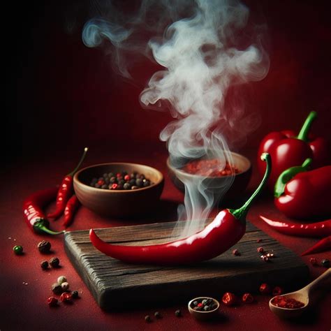 One Single Chili Pepper Steaming Hot Smoke On Red Background Premium AI Generated Image