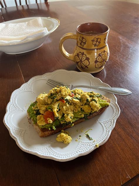 Tofu Scramble And Avocado On Roasted Garlic And Rosemary Toast 350 Kcal R Vegan1200isplenty