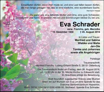 Traueranzeigen Von Eva Schrader Nordwest Trauer De