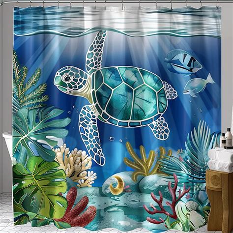 Ocean Turtle Tropical Plants Shower Curtain Blue Sea Water Color