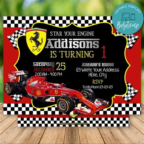 Editable Ferrari Racing Car Birthday Invitation Instant Download | Bobotemp