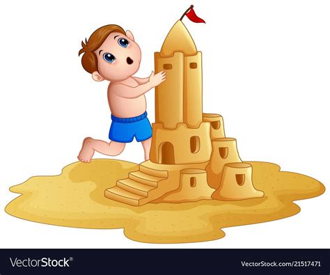 Illustration Of Little Boy Making A Big Sandcastle At Beach Download A