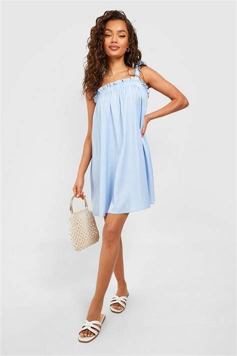 Tie Strap Chambray Smock Dress Boohoo Uk