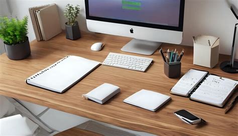 A Wellorganized Office Desk With A Computer Notepads And Motivational