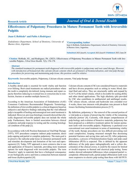 PDF Effectiveness Of Pulpotomy Procedures In Mature Permanent Teeth