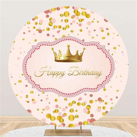 Gold Crown Pink Circle Happy Birthday Party Backdrop - Lofaris