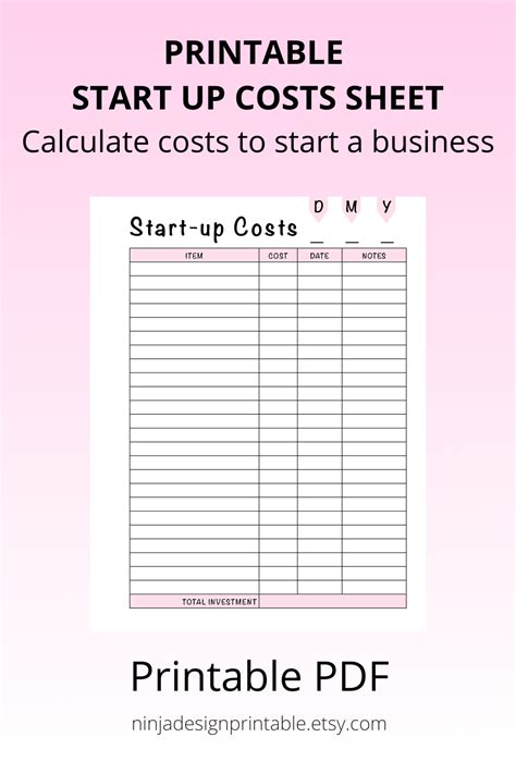 Printable Start Up Cost Sheet For Business Etsy Canada Cost Sheet