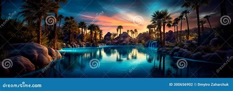 Tranquility Of A Mystical Oasis In The Desert Bathed In Moonlight With