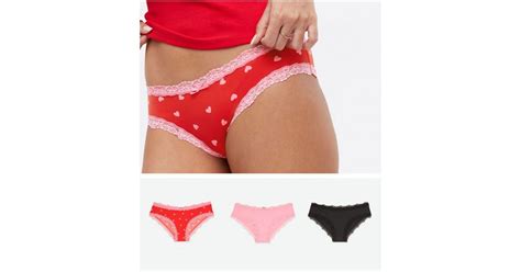 3 Pack Pink Red And Black Heart Lace Trim Brazilian Briefs New Look