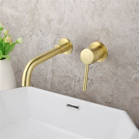 Brushed Gold Bathroom Basin Sink Mixer Tap 2 Holes Wall Mounted Brass